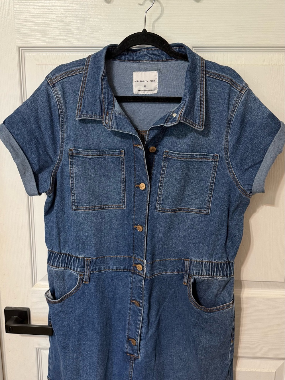 Celebrity Pink Blue Denim Button-Front Jumpsuit - Picture 2 of 5